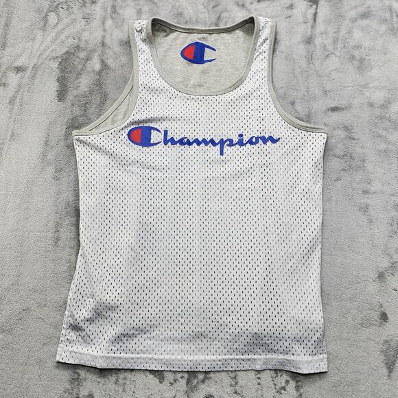 Champion Top Mens Gray White Mesh Reversible Logo Authentic Athletic Activewear - Picture 1 of 9